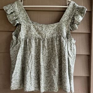 CeCe blouse muted green floral ruffle sleeves 24” length free flowing